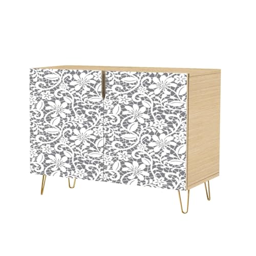 Light Beige Mid-Century Sideboard with Ornate Seamless Border, 2-Door Storage Cabinet for Dining Room, Hallway, Kitchen or Bar