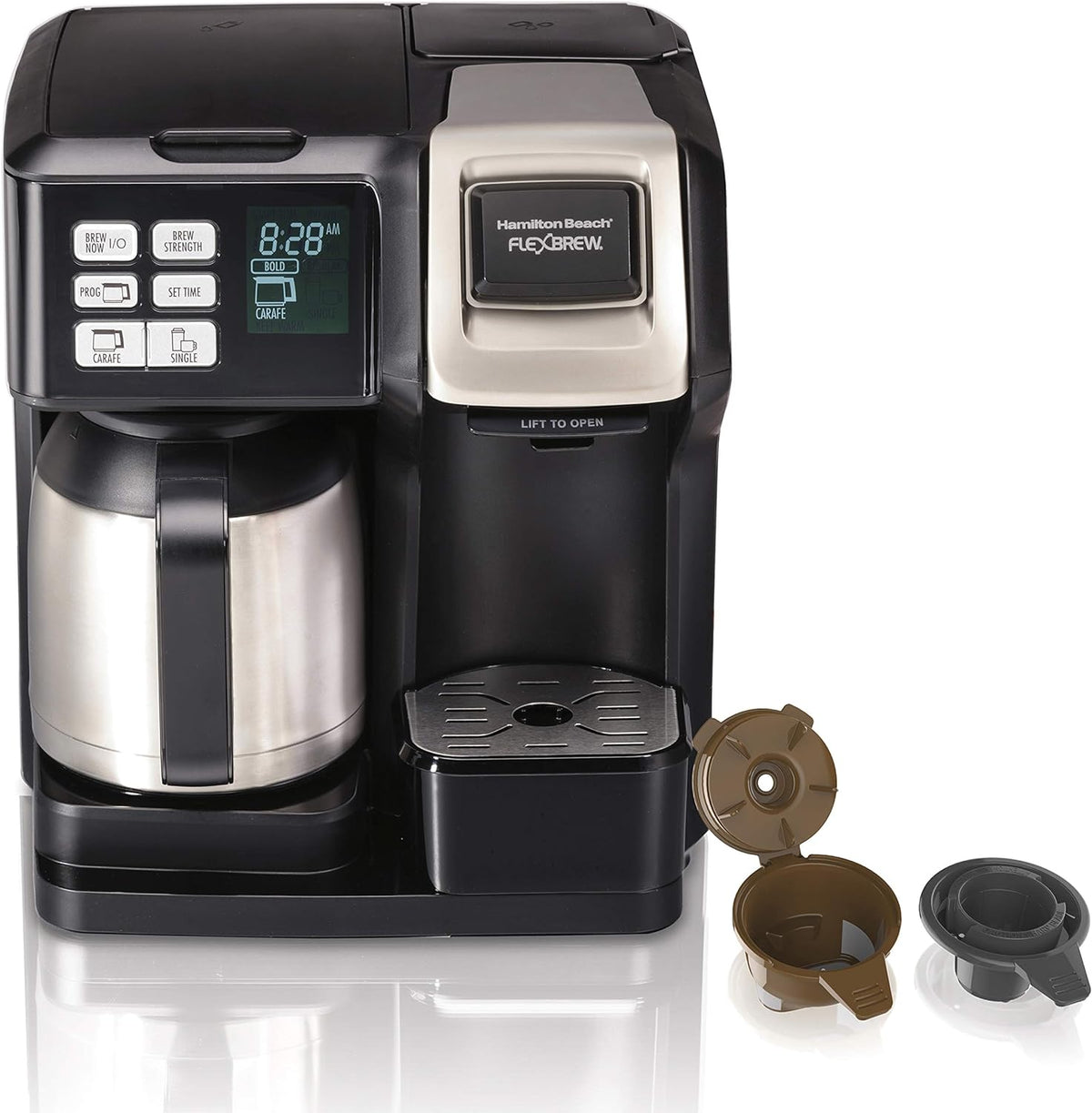 Hamilton Beach FlexBrew Trio Coffee Maker with 2-Way Single-Serve Brewing and Full 12c Pot, Compatible with K-Cup Pods or Grounds, Black and Stainless