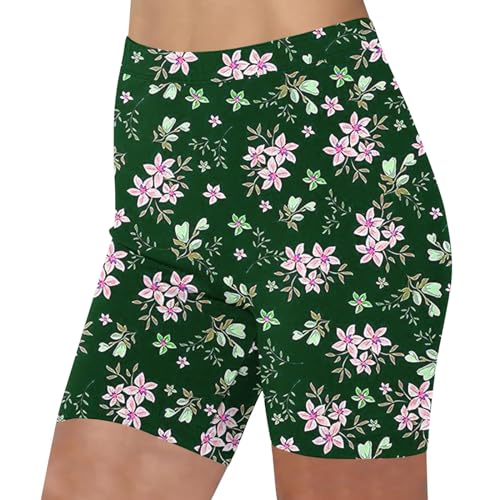 High-Waisted Womens 8-Inch Biker Shorts with Pockets, Cream Floral Athletic Yoga Workout Shorts Featuring a No-Front-Seam Design