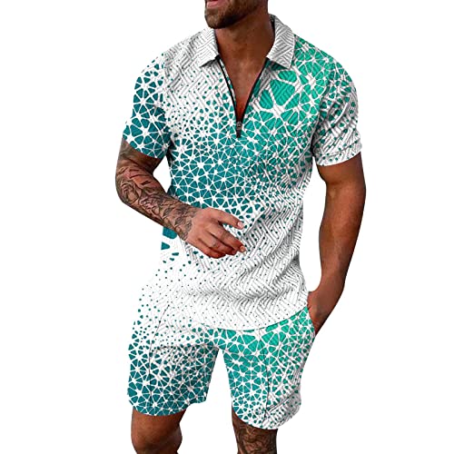 Mens 2-Piece Summer Outfit Set with Printed Short-Sleeve Lapel Shirt & Shorts, Casual Beach Suit