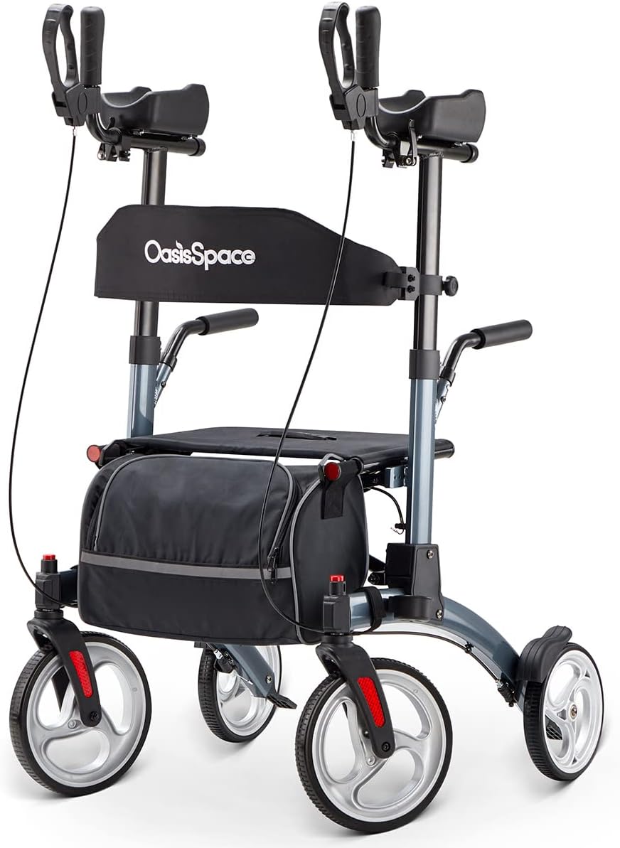 OasisSpace Upright Rollator Walker with Seat, Padded Armrests, Stand-Up Handles, Ultra-Folding Design and 10?? Front Wheels