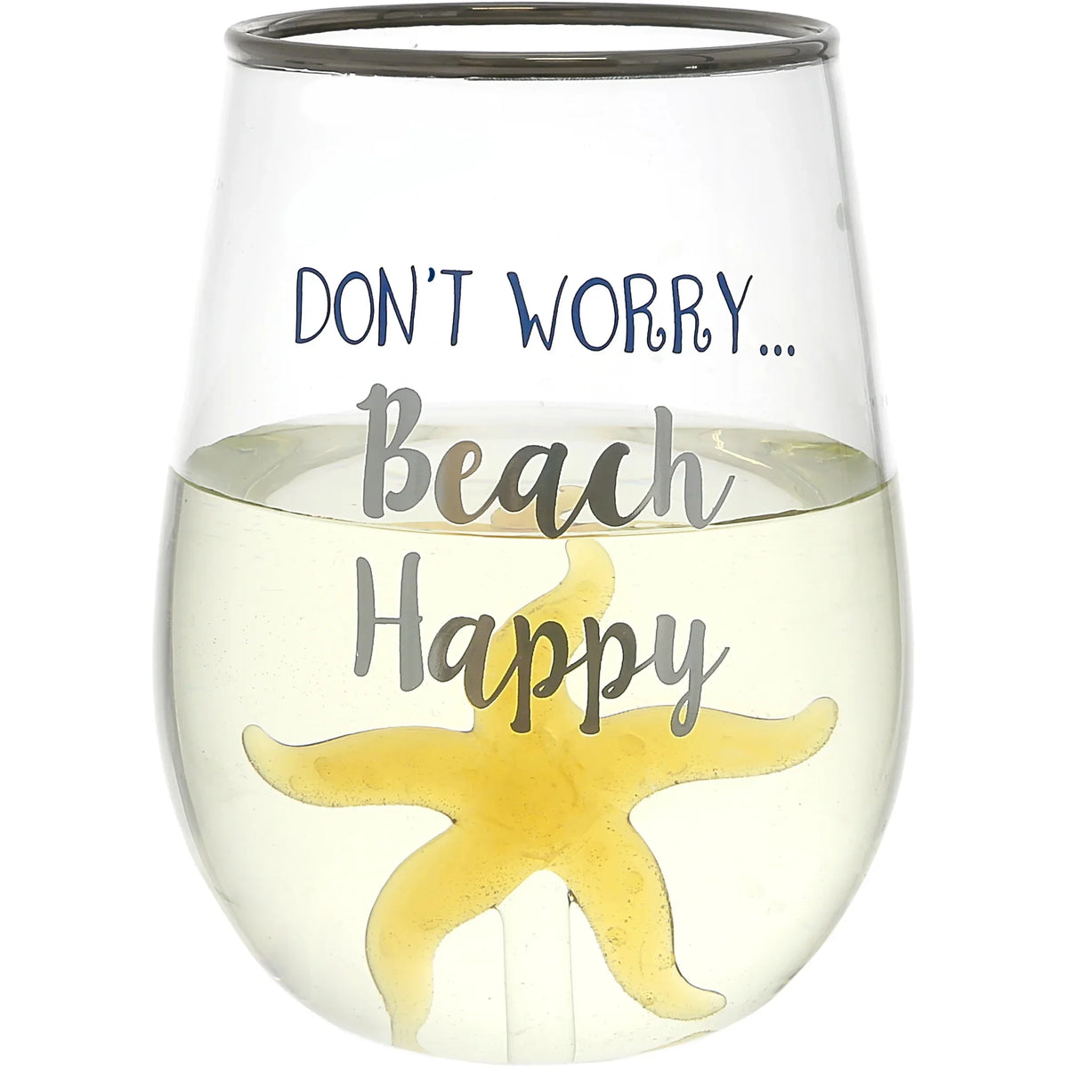 Beach Happy Starfish Stemless Wine Glass, 19 oz with 3-D Figurine