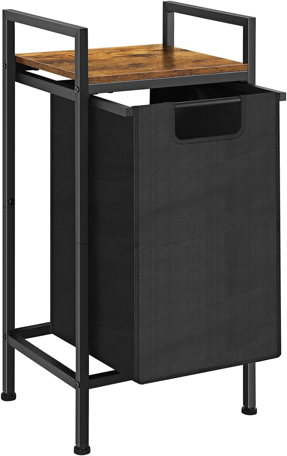 Black Laundry Hamper Basket with Removable Bag and Built-In Brown Wood Shelf