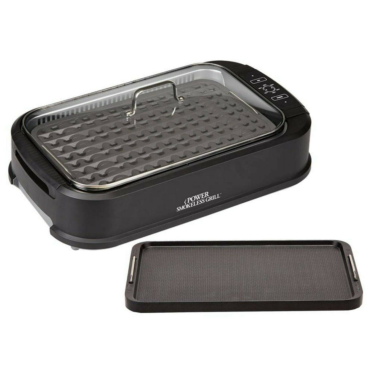 Power Smokeless Indoor Grill Featuring Tempered Glass Lid and Interchangeable Griddle