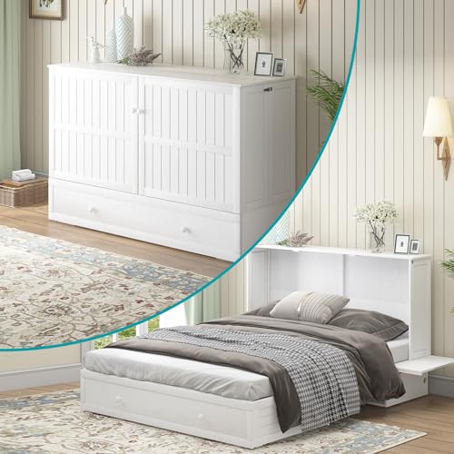 BALUS Queen Murphy Bed Cabinet in Grey-Blue with Tri-Fold Mattress, USB Charging Station, Folding Nightstand Trays, and Storage Drawers