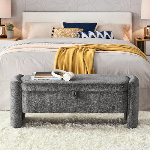 mikibama Teddy Storage Bench, 38.9-Inch Faux-Fur Sherpa Ottoman with Golden Metal Legs for Bedroom, Entryway or Window Seating