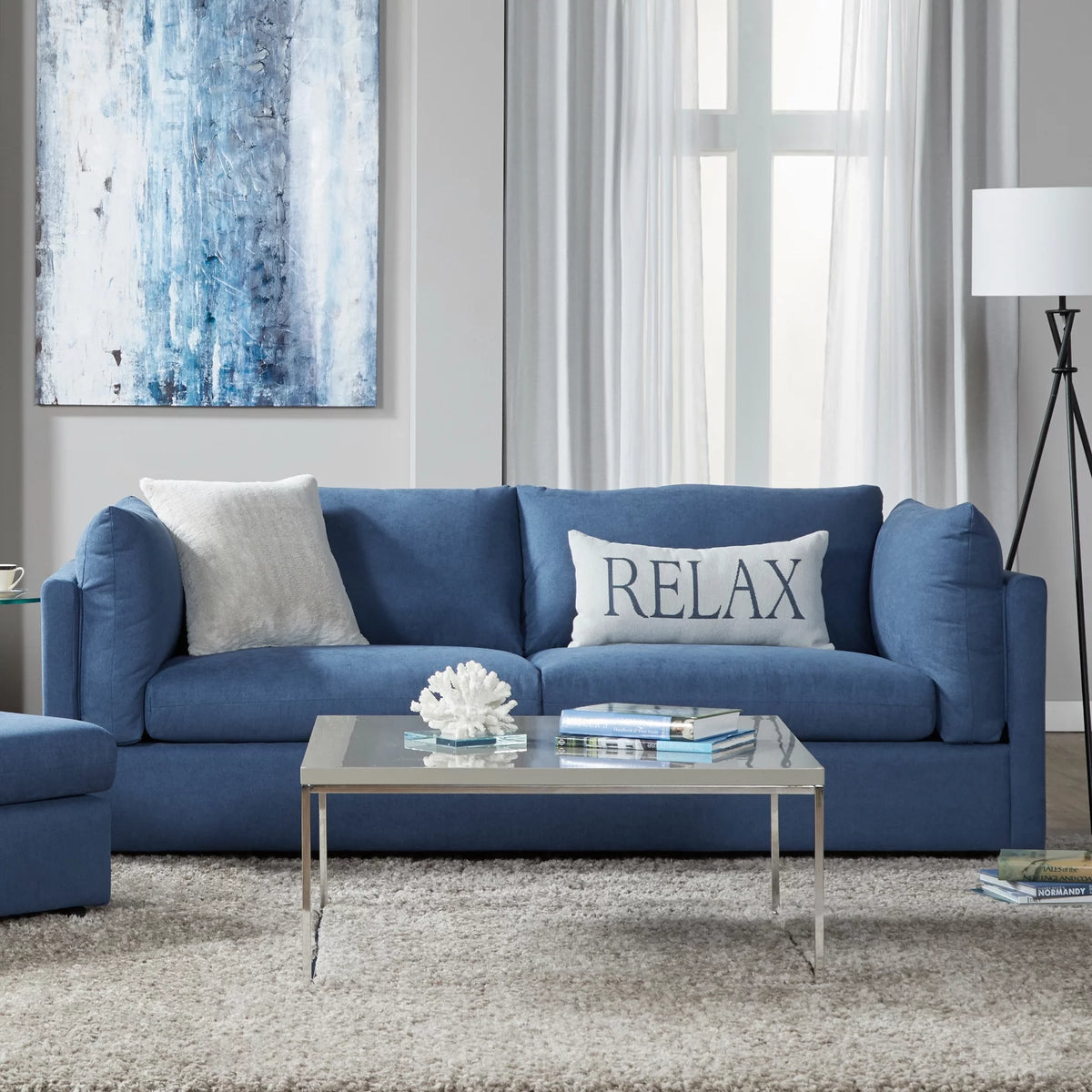 Roundhill Furniture Enda Fabric Sofa with Pillow Back, Image Navy