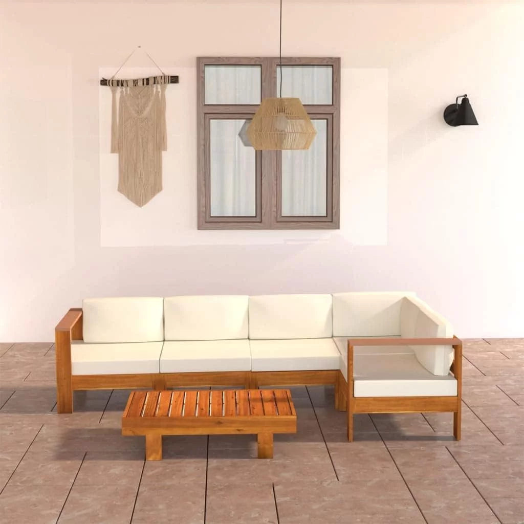 6-Piece Acacia Wood Patio Lounge Set with Cream White Cushions, Outdoor Conversation and Dining Tables with White Side Table