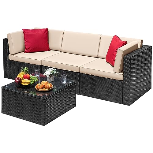 Devoko 6-Piece Beige Patio Conversation Set with Handwoven Rattan Sofa, Sectional Seating, Cushions and Glass Table