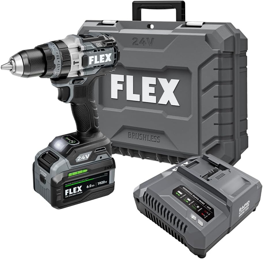 FLEX FX1271T-1H 24V Brushless Cordless Hammer Drill Kit with 1/2-Inch Chuck, 1,400 In-Lbs Torque, 2-Speed Drive and Turbo Mode, 6.0Ah Stacked Lithium Battery and 280W Rapid Charger