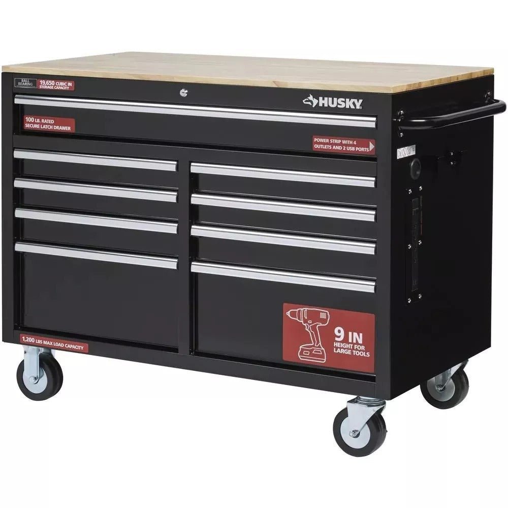 Husky 9-Drawer Mobile Workbench with 46 in. W x 24 in. D Gloss Black Deep Tool Chest