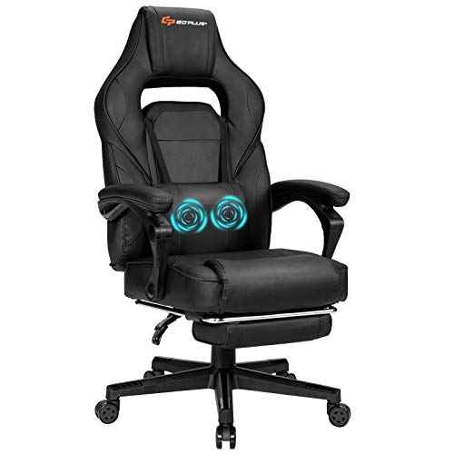 Goplus Reclining Massage Gaming Chair with Footrest, Adjustable Seat Height, Ergonomic High-Back PU Swivel Racing Chair for Computer or Office, White