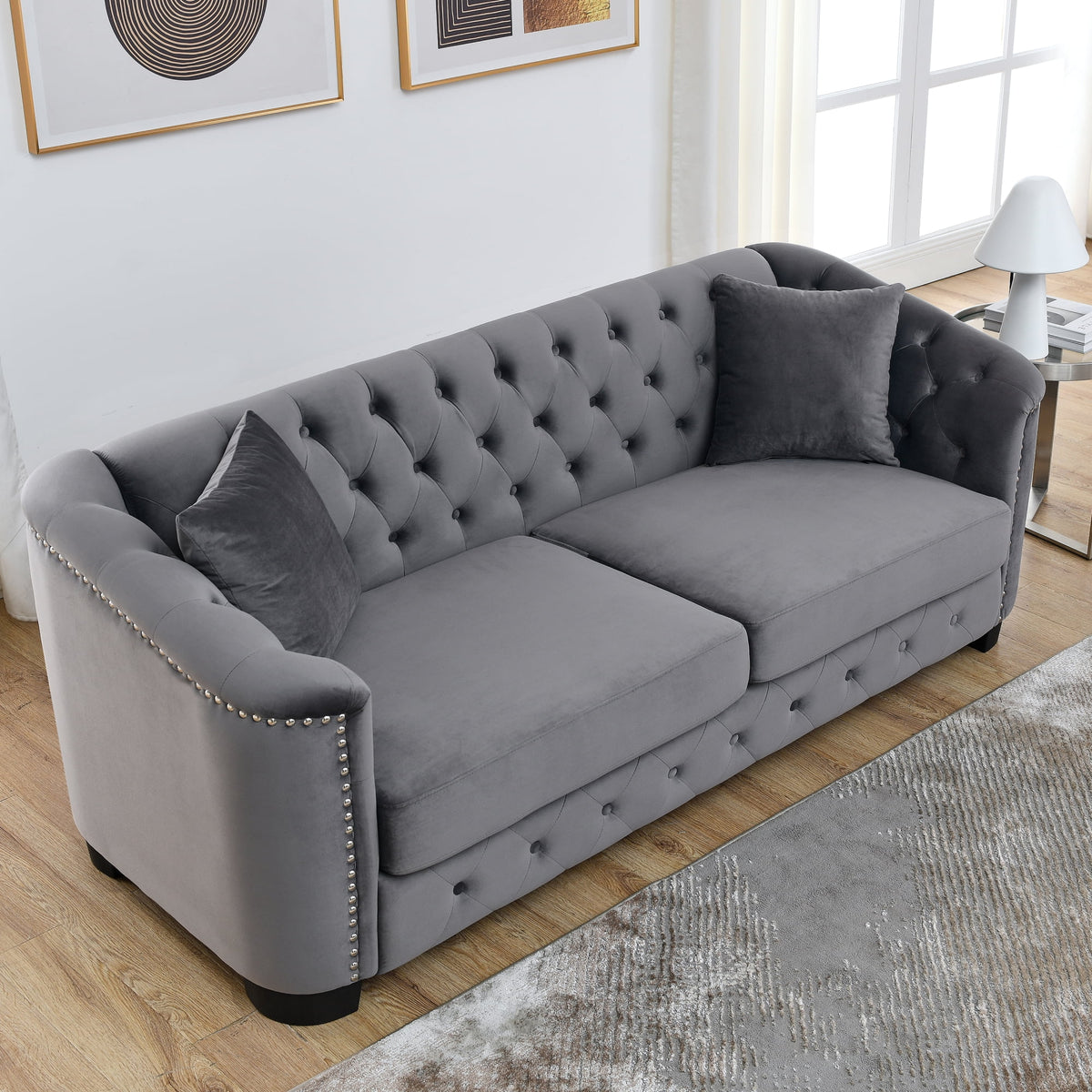77-Inch Velvet Chesterfield Sofa with Tufted Backrests, Nailhead Arms and 2 Cushions, 3-Seater Living Room Furniture in Grey