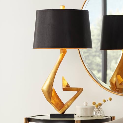 Possini Euro Design Zeus Sculptural Table Lamp, 28.5-Inch Mid-Century Modern Design with Gold Leaf Metal and Black Fabric Tapered Drum Shade