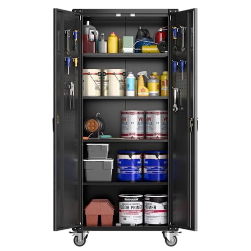 GarveeHome 72 H Rolling Garage Storage Cabinet with Locking Metal Doors, 4 Adjustable Shelves and Door Pegboard, Black