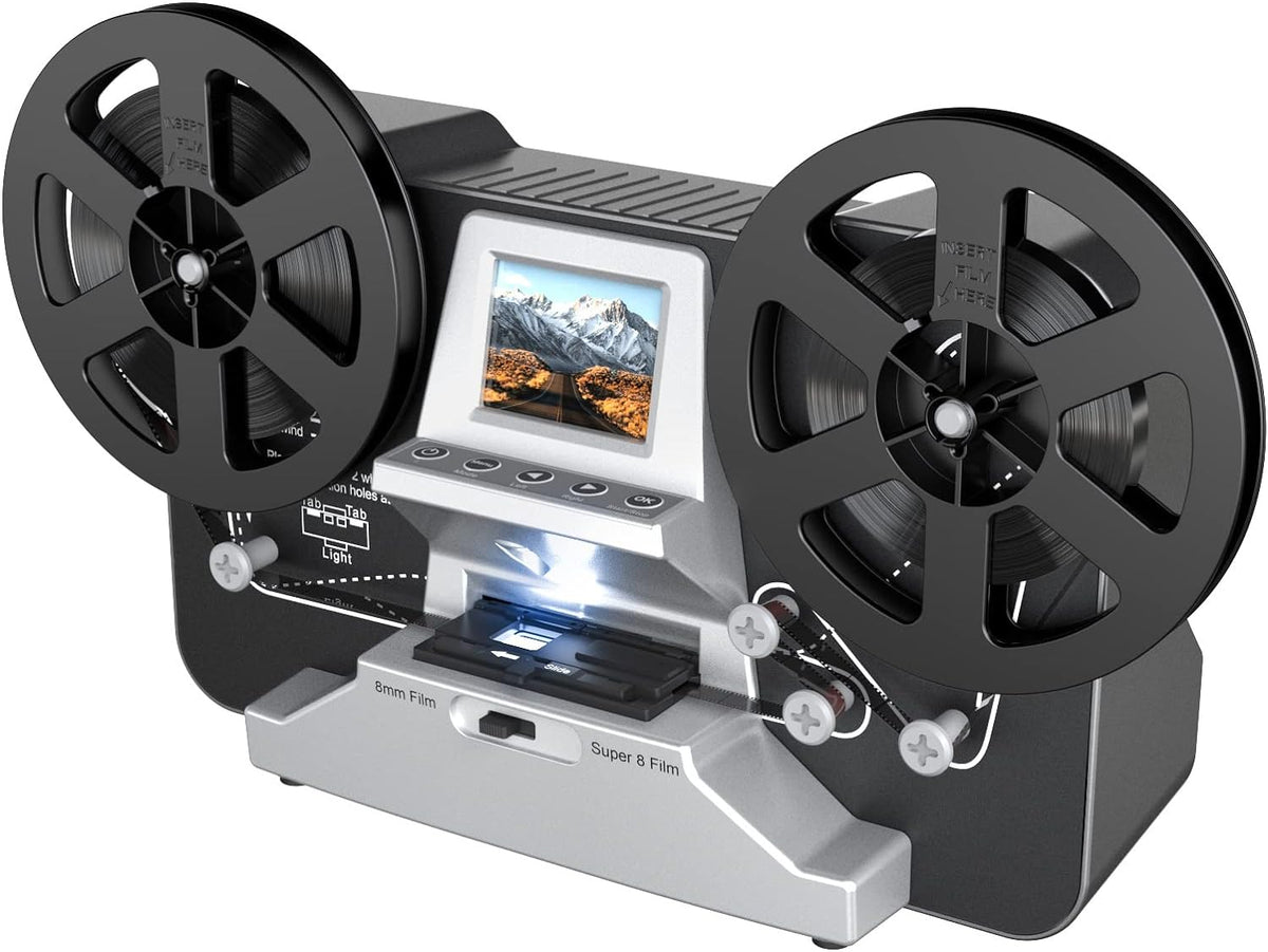 8mm Super 8 Film Scanner and Digital MovieMaker Converter with 2.4-Inch LCD, Silver Finish and 32 GB SD Card for 3-Inch and 5-Inch Film Reels