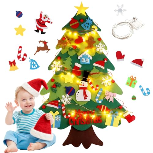 3.2ft DIY Felt Christmas Tree Set for Toddlers, Featuring 5M LED String Lights, 32Pcs Detachable Ornaments and Hanging Rope for Wall, Door or Home Decor