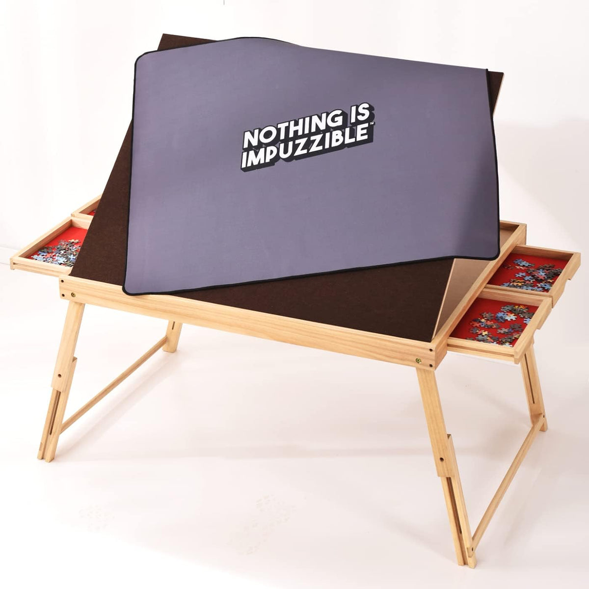 AGREATLIFE Portable Wooden Puzzle Table for 1500 Pieces with Four Non-Slip Drawers, Adjustable Foldable Legs and Protective Rubber Mat
