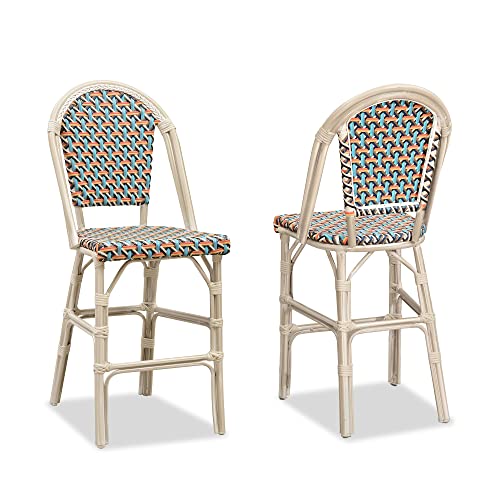 PURPLE LEAF Set of 2 French Bistro Bar Stools, 25-Inch Counter Height with Rattan Backrests, White Print Finish for Kitchen or Patio