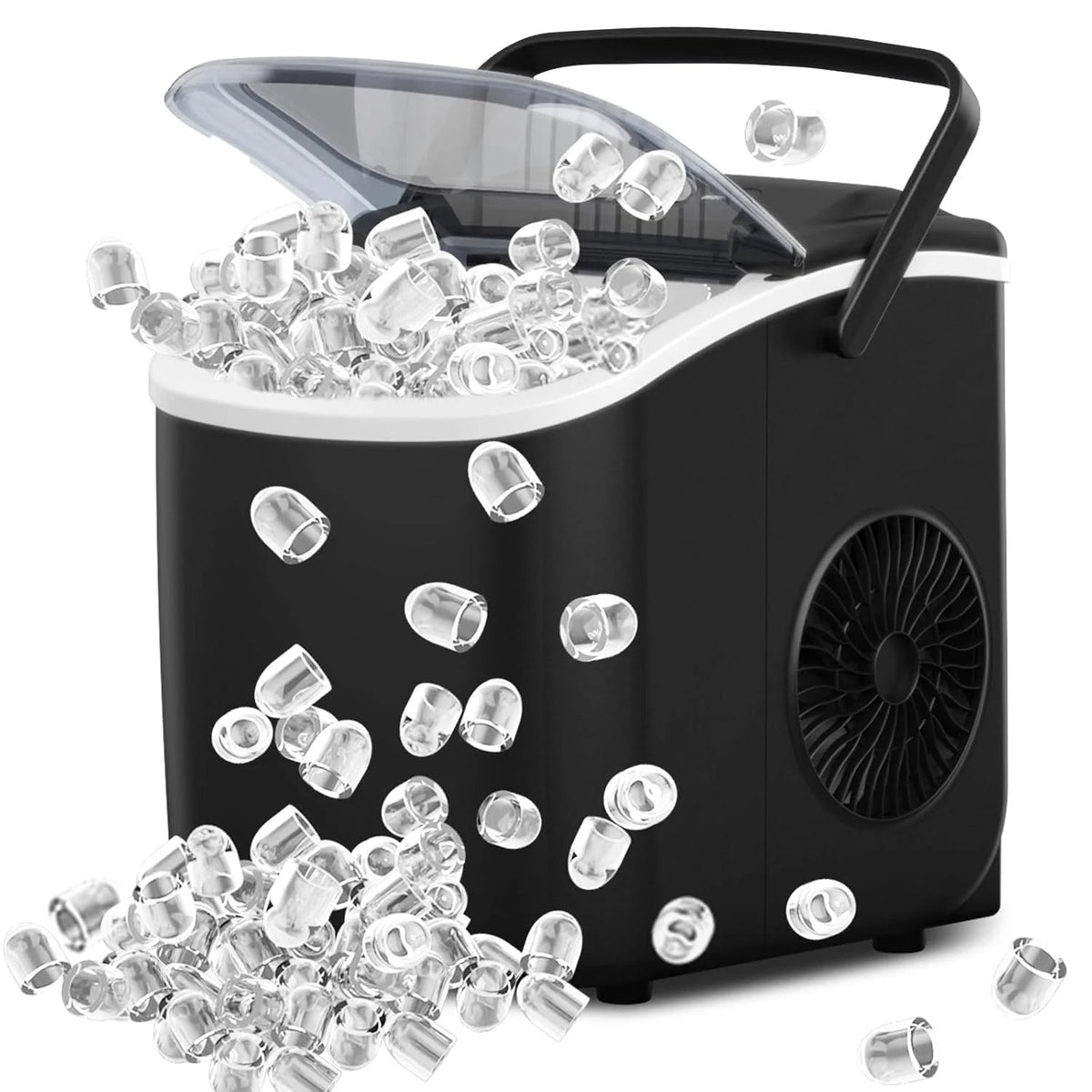 Portable Countertop Bullet Ice Maker with Handle, Basket & Scoop, Self-Cleaning 26 Lbs/24H Machine Ready in 6 Minutes, 9 Bullet Ice Cubes for Home, Kitchen, Camping & RV