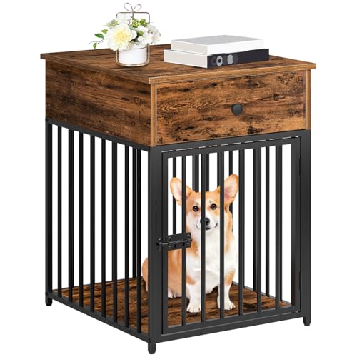 HOOBRO Decorative Dog Crate Furniture with Drawer, Indoor End-Table Kennel for Small Dogs Featuring a Steel-Tube, Chew-Proof Cage, Greige BG01GW03