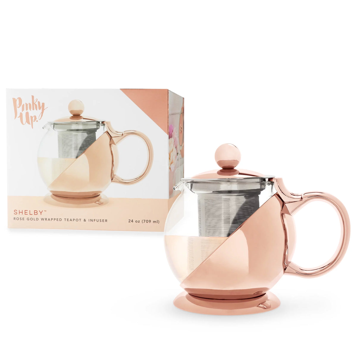 Pinky Up 24 Oz Rose Gold Wrapped Glass Teapot with Loose-Leaf Tea Infuser Strainer