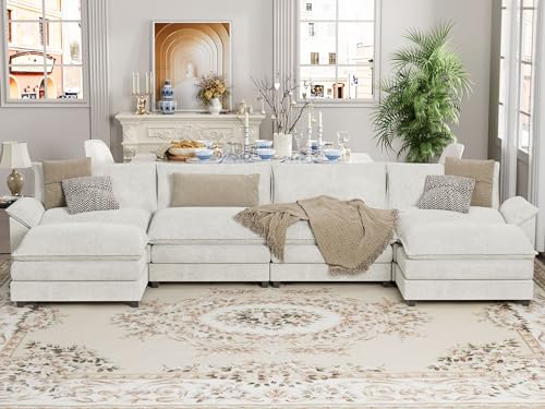 YESHOMY U-Shaped Modular Sectional Sofa in Grey Chenille, Featuring Supportive Soft Sponges, Removable Ottoman, and Sleeper Design
