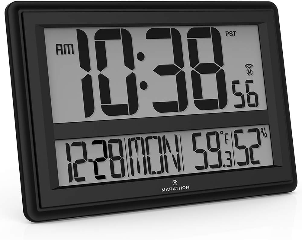 MARATHON Jumbo Atomic Wall Clock with Temperature and Humidity Display, Black