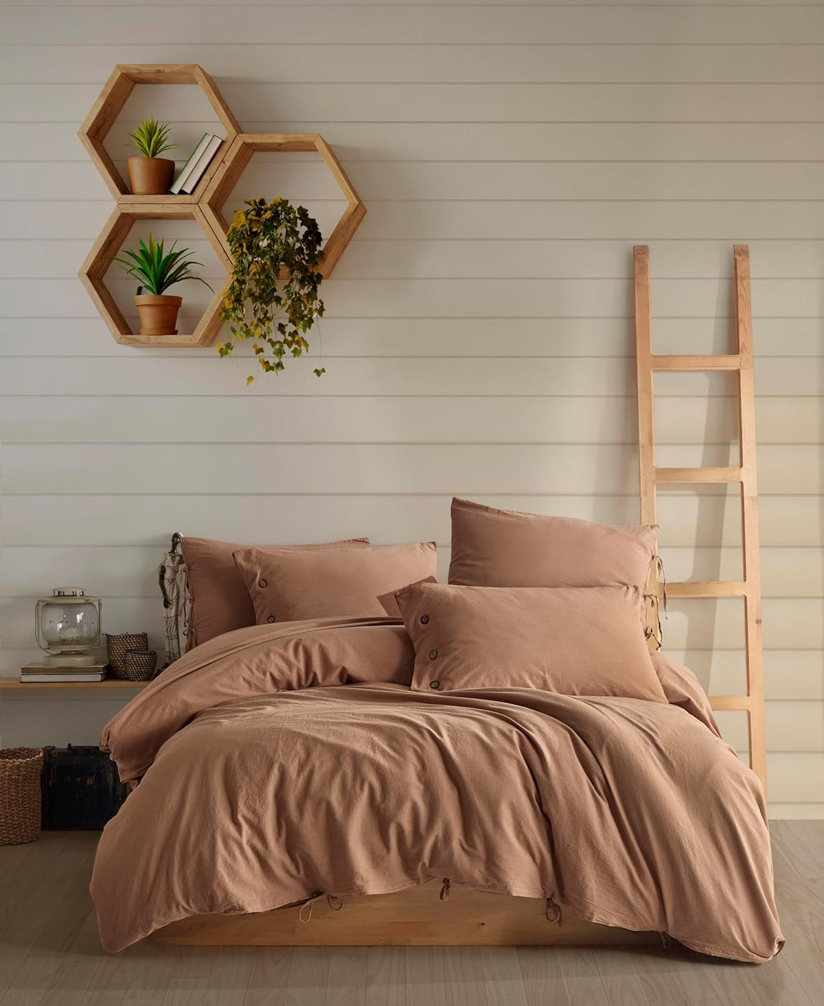 King Size US 5-Piece Duvet Cover Set, Coffee with Milk, 100% Washed Cotton Linen, Chic Lightweight Bedding with Quilt Cover, 2 Pillow Shams and 2 Pillow Cases