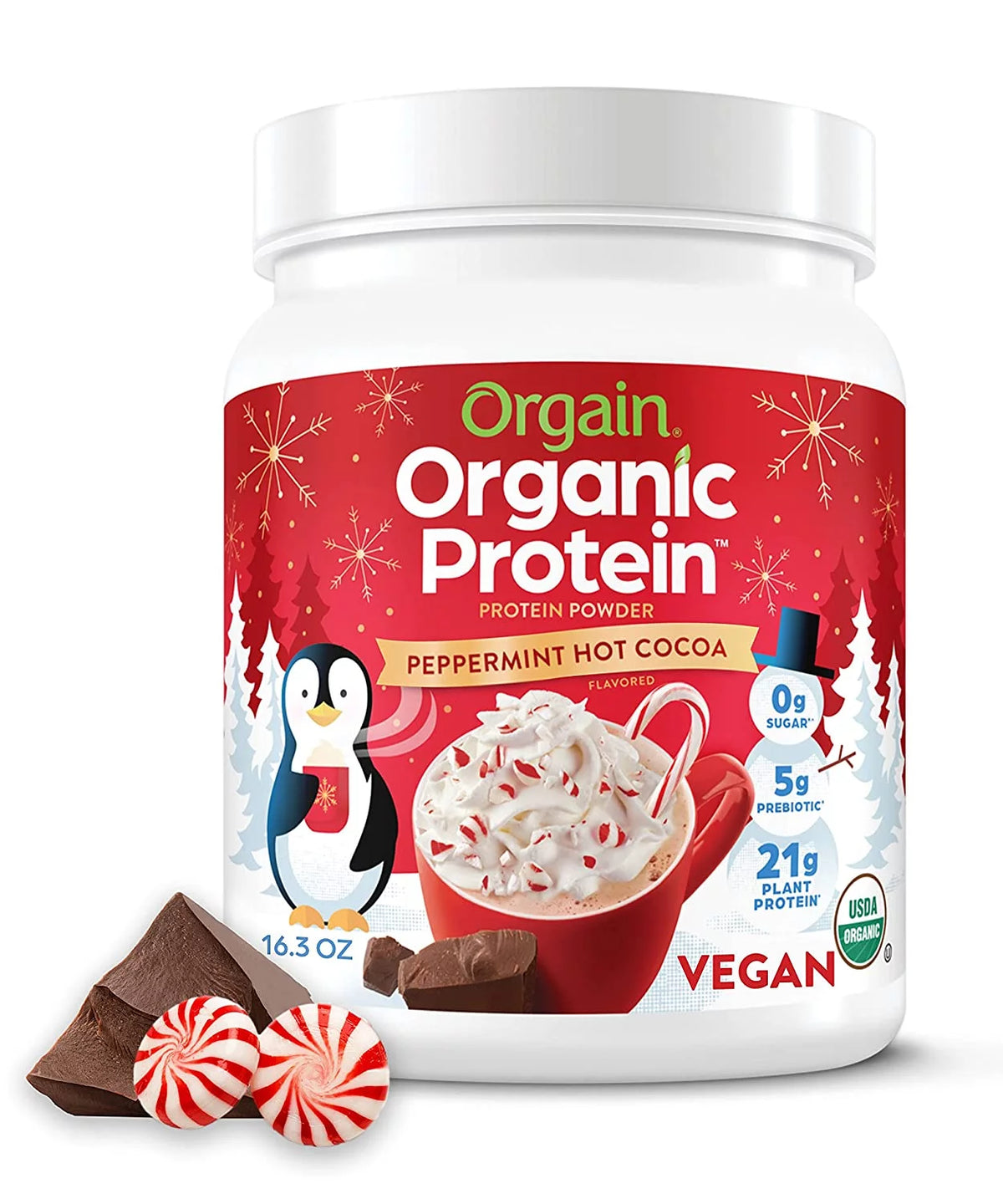 Orgain Peppermint Hot Cocoa Plant-Based Protein Powder, Vegan Non-Dairy Formula with 21g Protein and 2g Fiber, No Sugar Added, Gluten-Free, Soy-Free, Non-GMO, 1.02 Lb