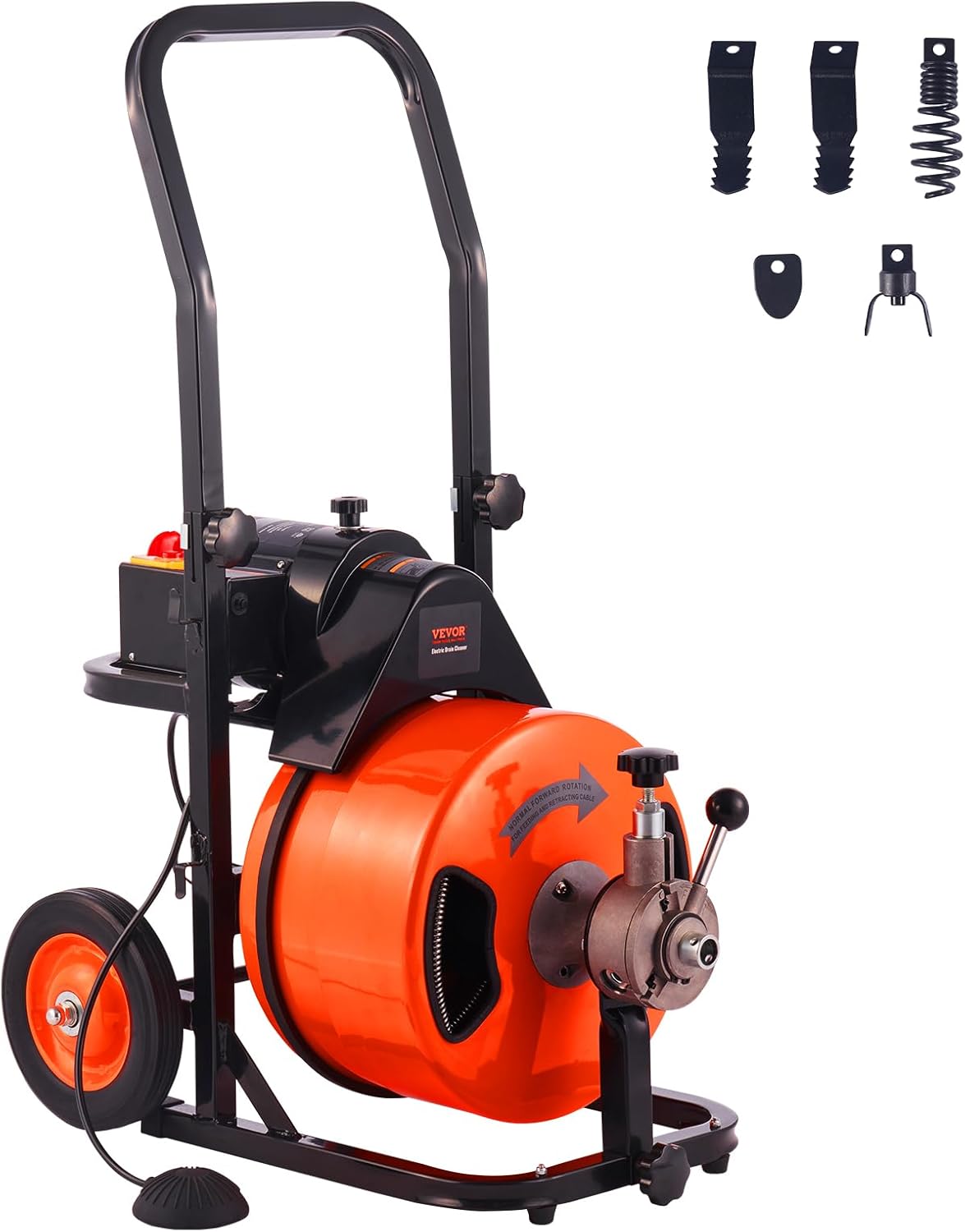 100FT x 1/2Inch Drain Cleaner Machine with Auto Feed Sewer Snake Auger, 4 Cutter, Air-Activated Foot Switch, for 1 to 4 Pipes, Orange and Black
