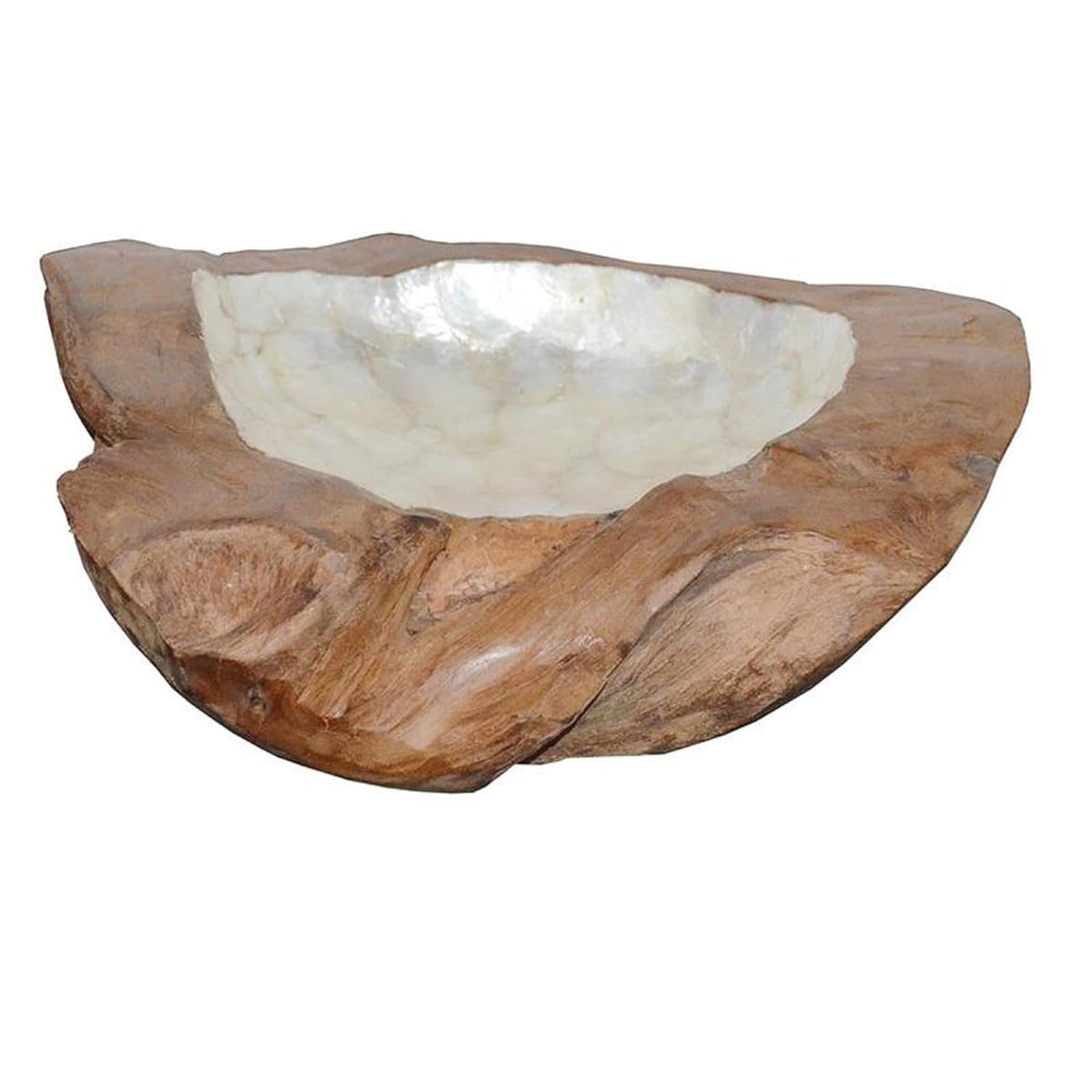 11.8-Inch Round Decorative Bowl, Crafted from Brown Teak Wood and Shell for Home Accents