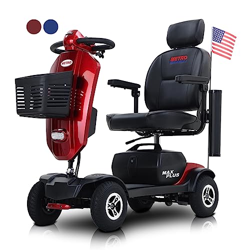 Red 4-Wheel Portable Mobility Scooter with Extended-Range Battery, Front and Rear Lights, and Basket