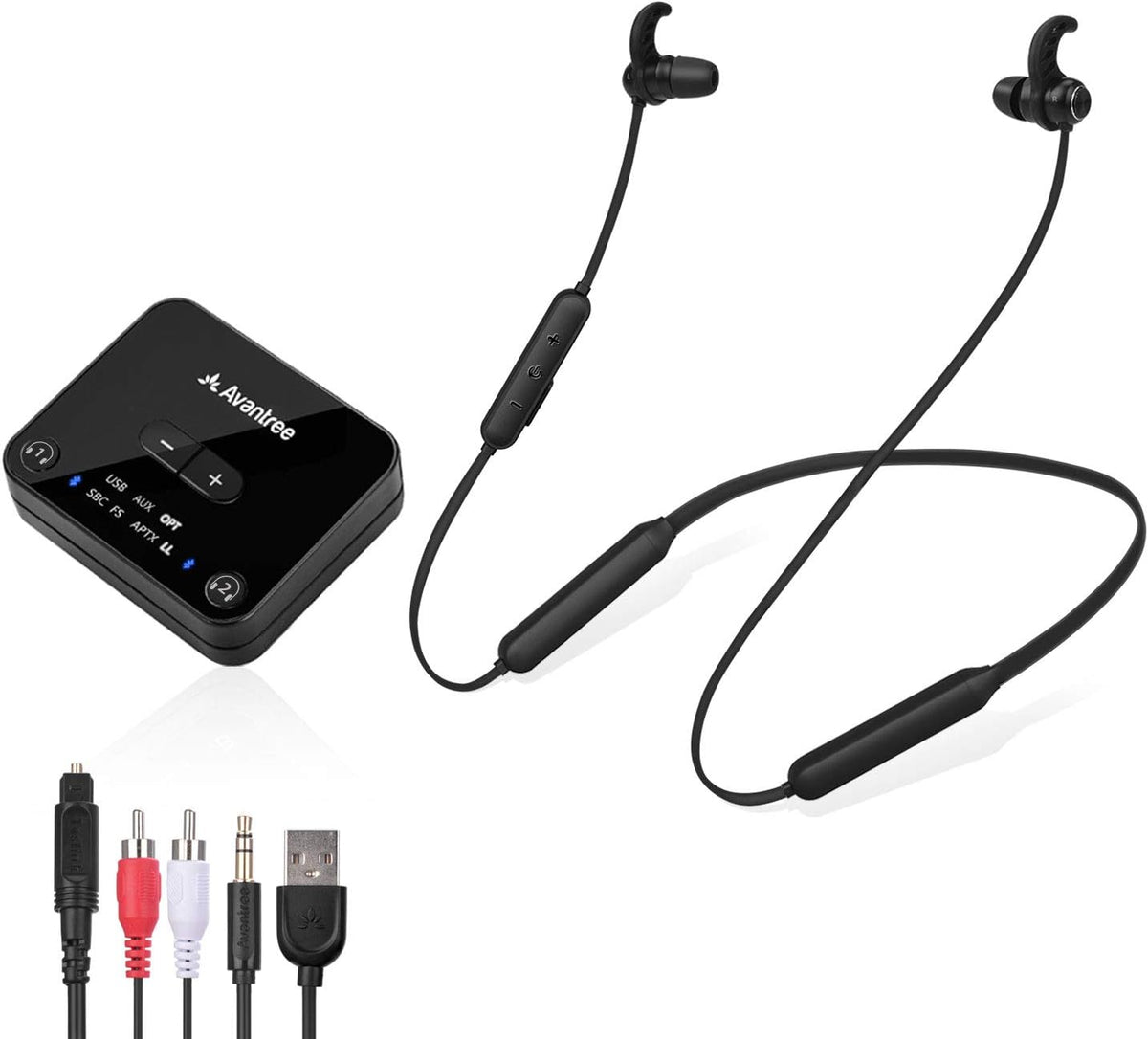 Avantree HT4186 Wireless TV Headphones and Neckband Earbuds with Bluetooth Transmitter, Compatible with Optical Digital Audio, RCA and 3.5mm Aux TVs