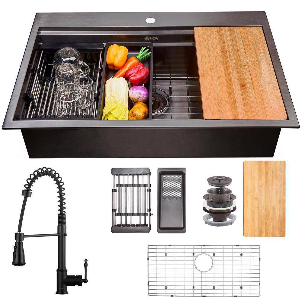 Matte Black 32 in. x 22 in. All-in-One Drop-In Kitchen Sink with Single Bowl and Spring Neck Faucet