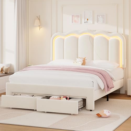 Twin Velvet Platform Bed with Adjustable Wavy Headboard, LED Lighting and Storage Drawer, Beige Upholstered Kids Bed with Solid Wood Slats, No Box Spring Required