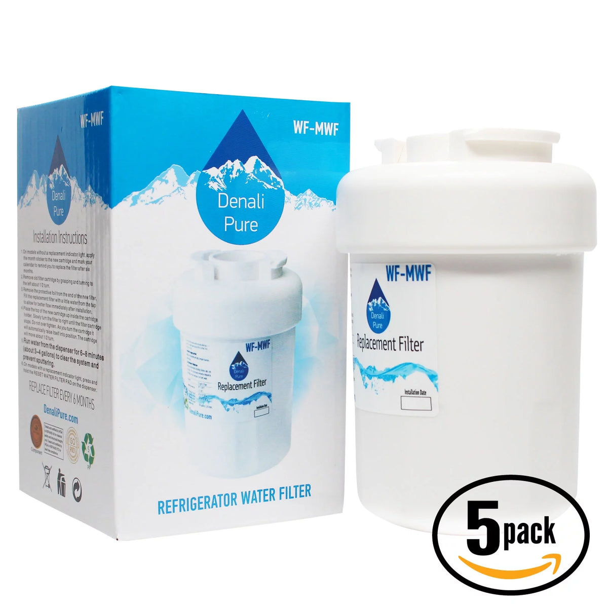 Denali Pure 5-Pack Refrigerator Water Filter Cartridges, Compatible with General Electric MWF and MWFP Fridge Filters, GSH22JFZBWW