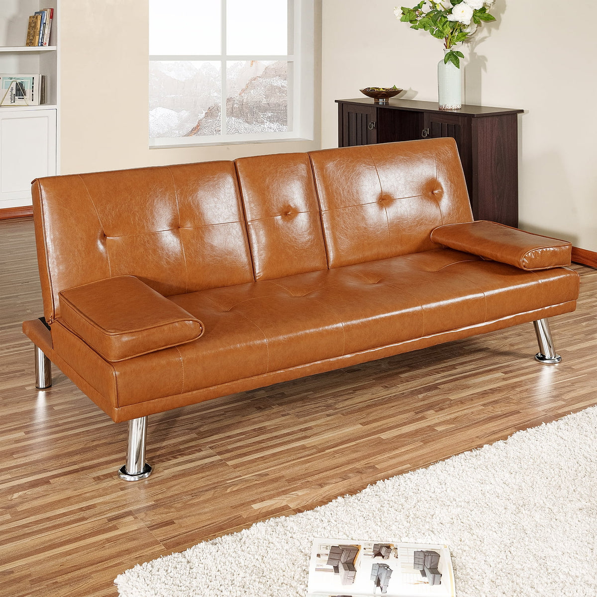 Caramel Futon Sofa by Naomi Home, Designed with Armrests and Built-In Cupholders