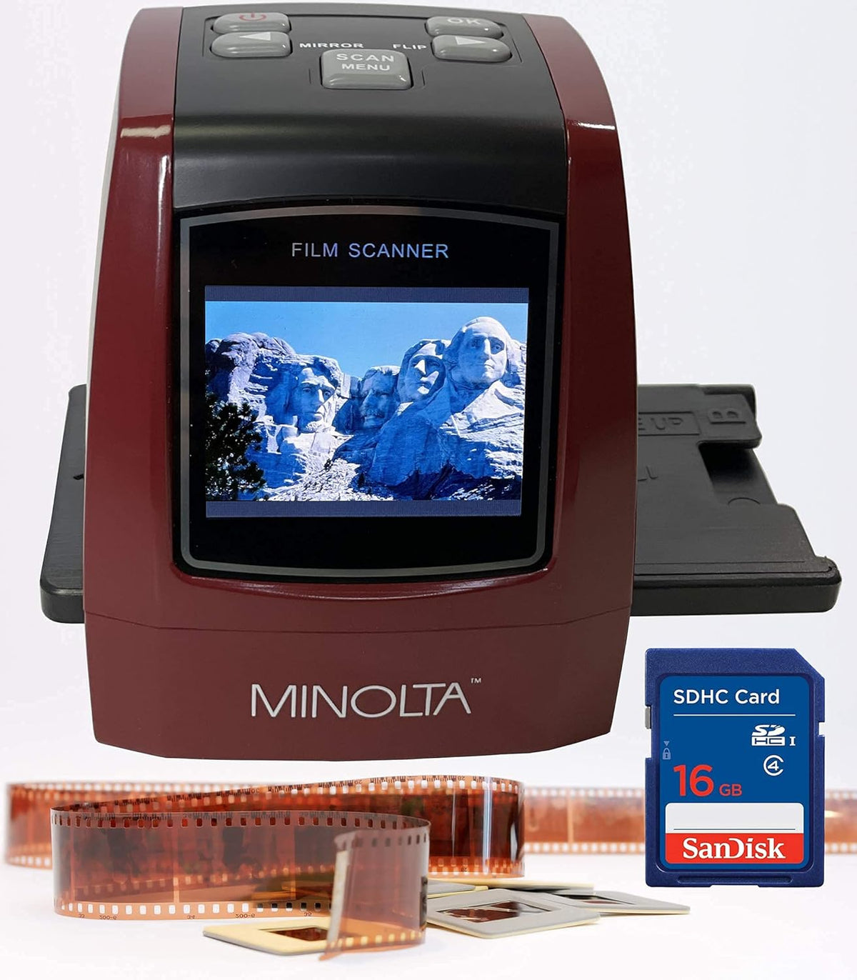 MINOLTA Film & Slide Scanner for Converting 35mm, 126 & 110 Negatives, Slides and Super 8 Films into 22MP JPEG Photos, Includes 16GB SD Card, Red