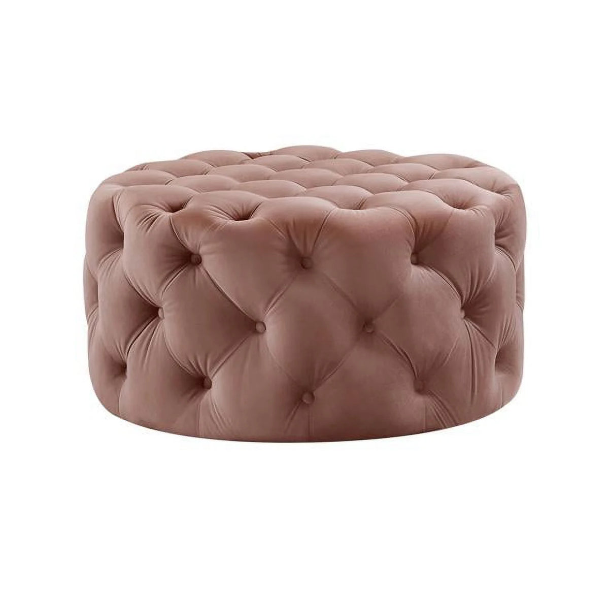 HomeRoots 490621 Tufted Round Cocktail Ottoman with Rolling Casters, Blush Velvet and Black Finish, 17 x 33 x 33 in.