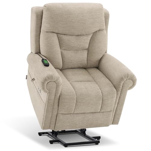 MCombo 7888 Triple-Motor Power Lift Recliner for Seniors, Fabric Chair with Massage, Lumbar and Seat Heating, Adjustable Headrest and Rolled Arms, Coffee, Medium