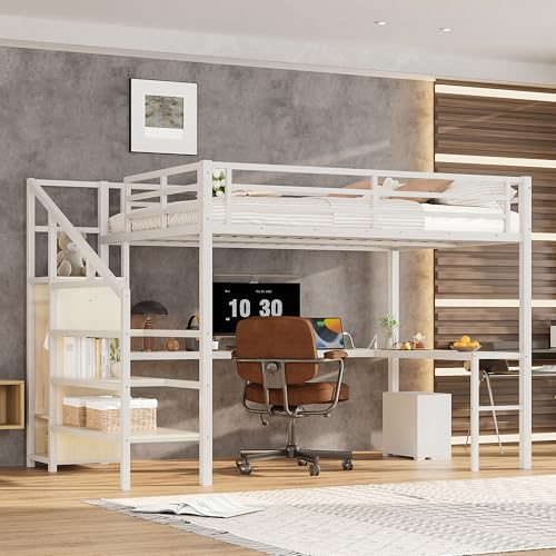 SOFTSEA Queen Size Metal Loft Bed with L-Shaped Desk, Wardrobe, USB Ports, Adjustable Shelf and LED Lighting, No Box Spring Needed, White Wood Grain