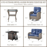 3-Piece Outdoor Patio Furniture Set with Two Swivel Rocker Chairs and Rattan Side Table, Wicker Glider Seating for Deck, Porch or Poolside, Brown and Blue