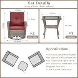 3-Piece Outdoor Patio Furniture Set with Two Swivel Rocker Chairs and Rattan Side Table, Wicker Glider Seating for Deck, Porch or Poolside, Brown and Blue