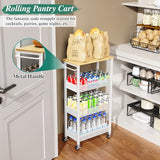 4-Tier Slim Rolling Storage Cart with Wood Top and Metal Frame, Narrow Mobile Organizer with Handle for Kitchen, Laundry Room, Bathroom or Other Tight Spaces