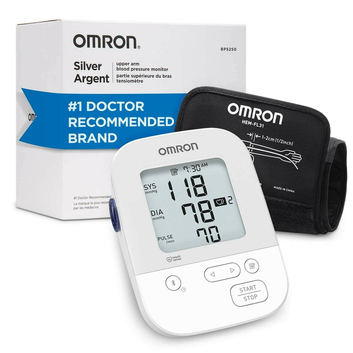 Omron Silver Upper-Arm Blood Pressure Monitor with Digital Display and Bluetooth Connectivity