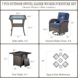 3-Piece Outdoor Patio Furniture Set with Two Swivel Rocker Chairs and Rattan Side Table, Wicker Glider Seating for Deck, Porch or Poolside, Brown and Blue