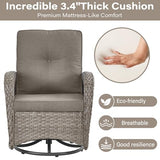 3-Piece Outdoor Patio Furniture Set with Two Swivel Rocker Chairs and Rattan Side Table, Wicker Glider Seating for Deck, Porch or Poolside, Brown and Blue