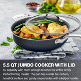Granitestone Jumbo Nonstick Cooker with Lid, Family-Sized Triple-Coated Open Skillet with Stainless Steel Stay-Cool Helper Handle, Oven and Dishwasher Safe