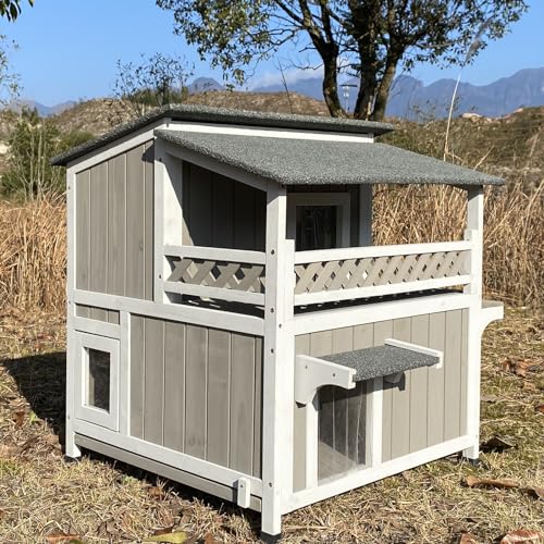 Two-Story Wooden Outdoor Shelter for Feral Cats, Weatherproof House with Balcony, Waterproof Design and Escape Doors